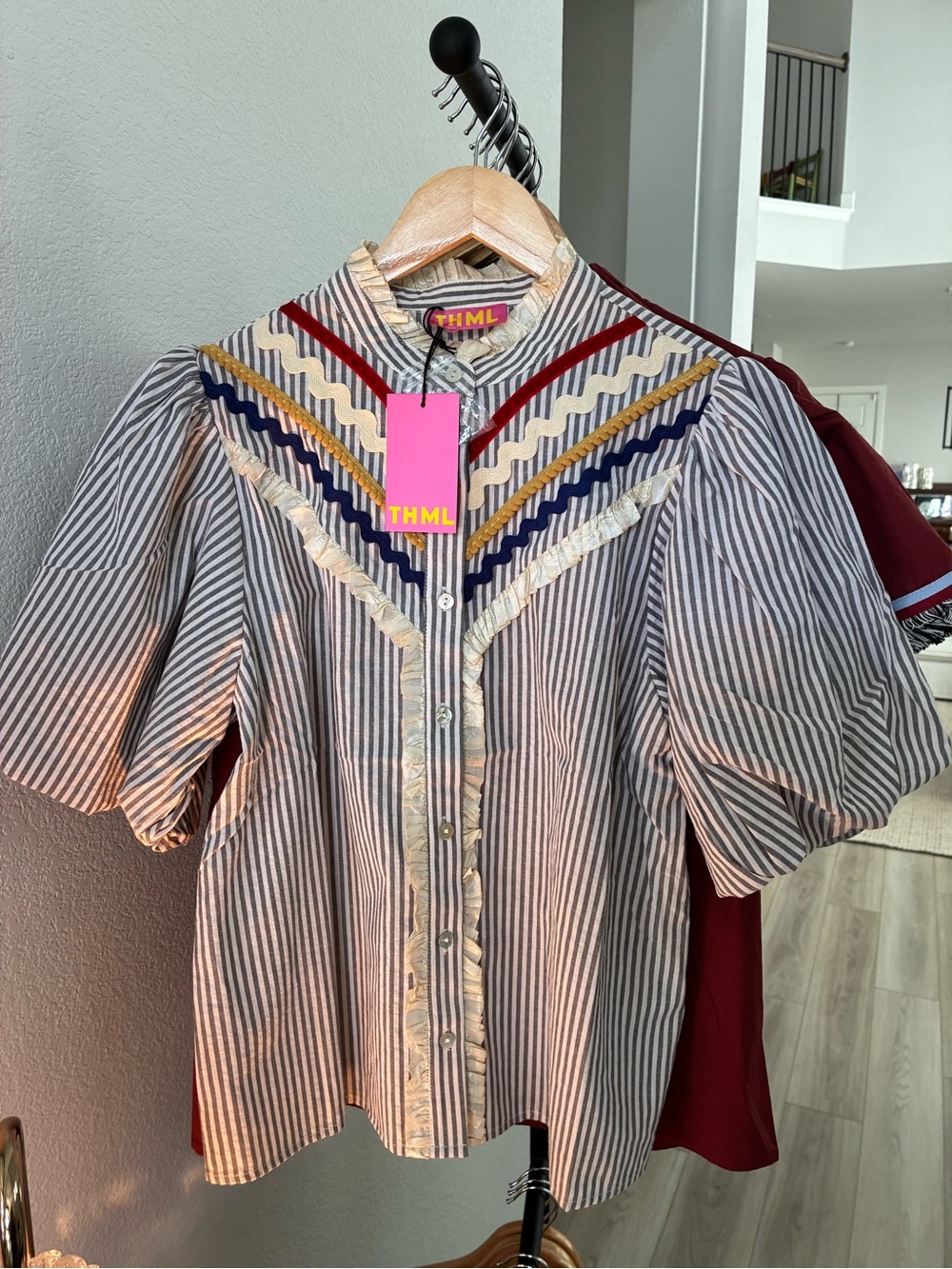 THML Striped Button-Front Blouse with Multicolor Trim